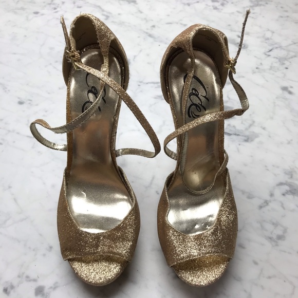 CeCe Gold Glitter Metallic Open Toe Stiletto Heels - Picture 2 of 11